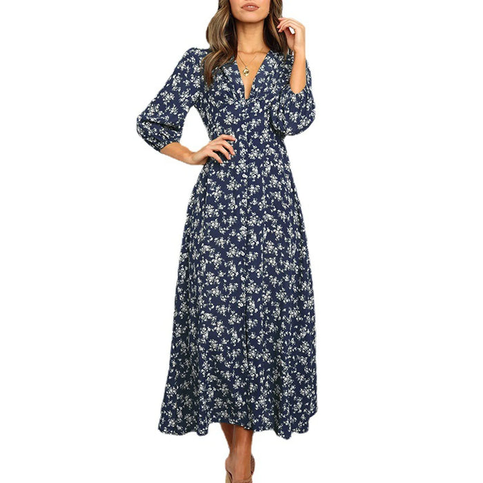 Women’s V-Neck Floral Maxi Dress – High-Waist Slit for Effortless Boho Chic - Samanta Factory
