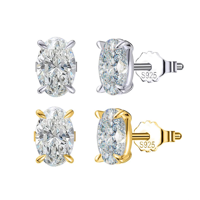 Oval moissanite stud earrings in 925 sterling silver with certification and gift packaging
