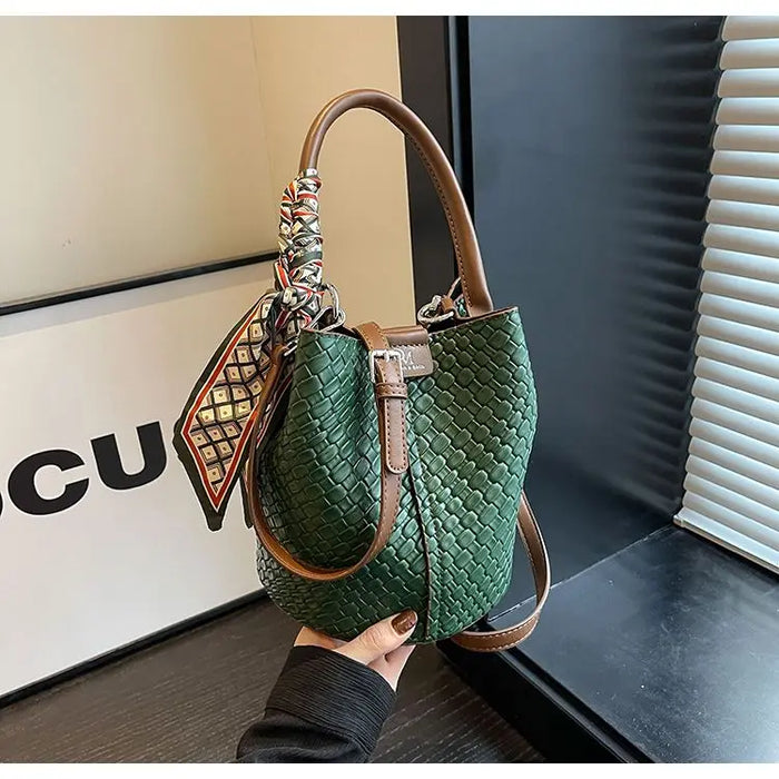 PU Leather Knitted Bucket Bag – Soft Casual Messenger Handbag for Women - Samanta Factory