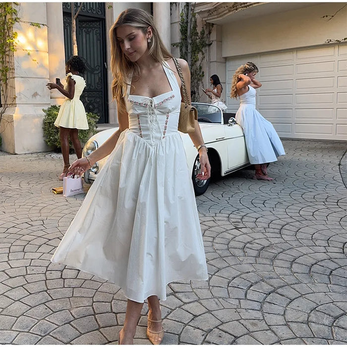A-line Strap Long Dress – Square Neck & Backless Design