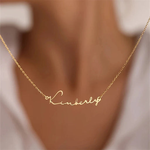 Personalized stainless steel name necklace in gold, silver, and rose gold with custom pendant design