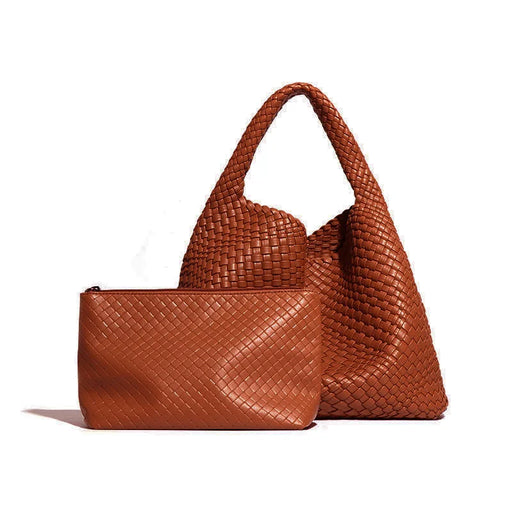 Women’s Luxury Handmade Knitting PU Leather Handbag with bucket shape, stylish knitting pattern, and matching messenger purse.