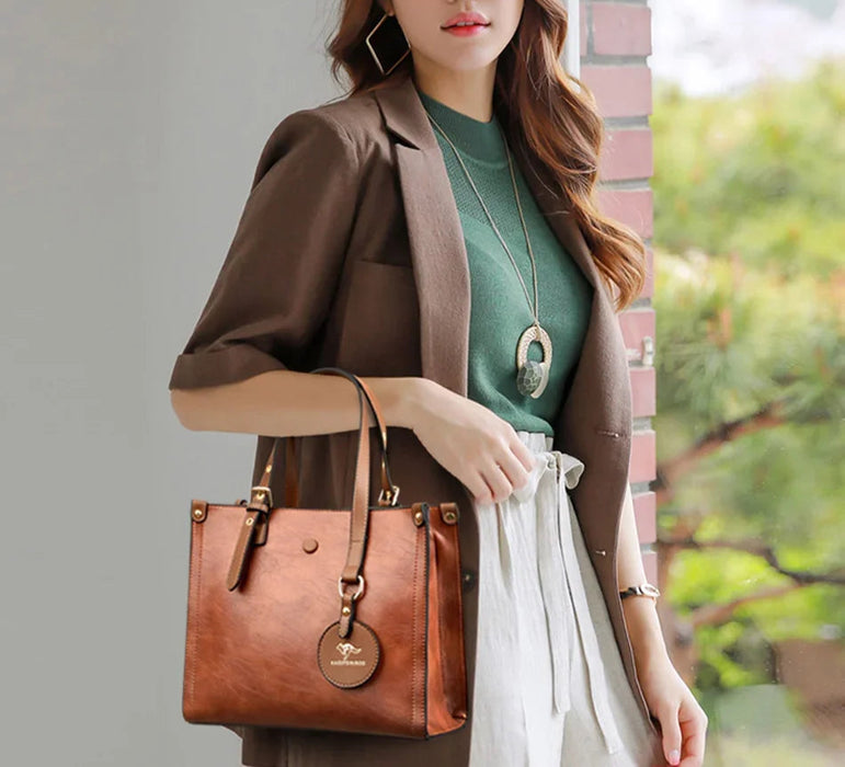 Women’s Leather Handbag – Vintage Casual Tote with Zipper & Hasp Closure - Samanta Factory