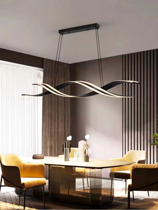 Modern polished chrome LED pendant light with dimmable remote control for living room and bedroom.