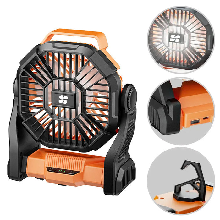 Camping Battery Fan – 10000mAh Rechargeable with LED Light & 4-Speed Wind Control - Samanta Factory