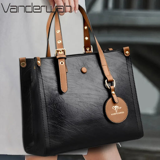 Women’s split leather handbag – vintage casual tote with zipper and hasp closure, multiple interior pockets