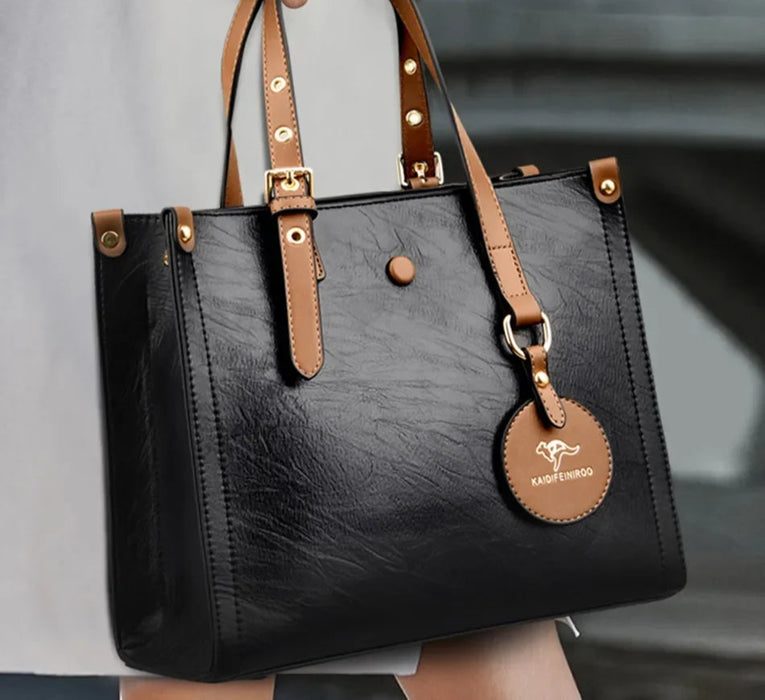 Women’s split leather handbag – vintage casual tote with zipper and hasp closure, multiple interior pockets