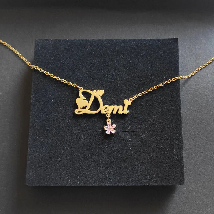Personalized Sparkling Name Necklace with Floral Charm- Zircon Peach Blossom Pendant SF