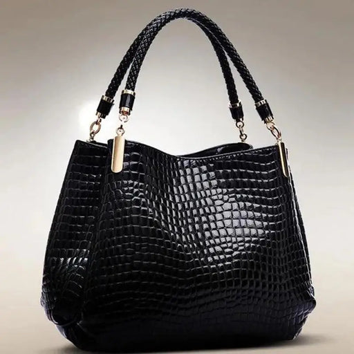 Women's large capacity crocodile print hard PU leather bucket tote bag with bright glossy serpentine finish zipper closure interior zipper pocket polyester lining for daily commute shopping and travel
