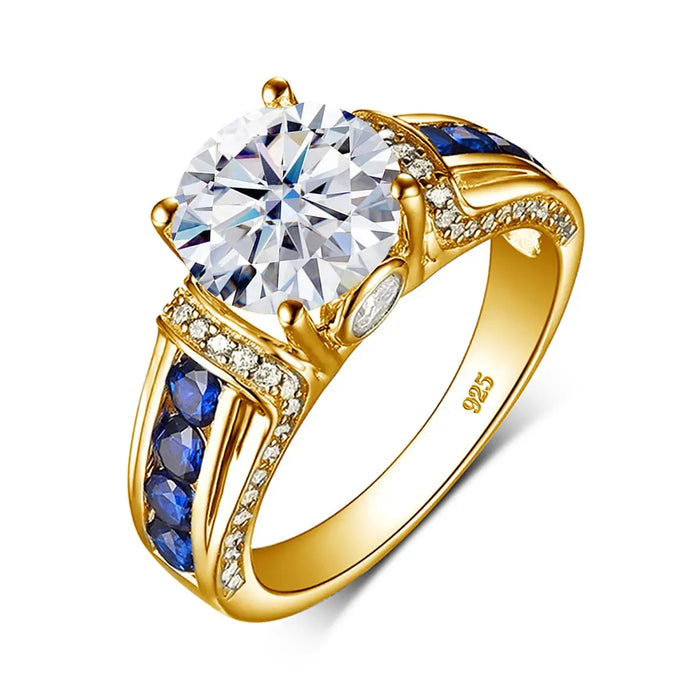 2ct Moissanite Round-Cut Ring with Blue Sapphire and 14K Yellow Gold Plating