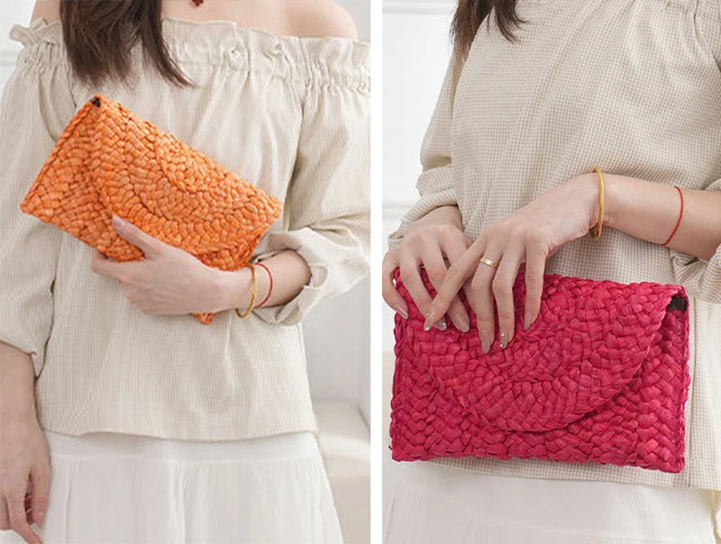 Boho Straw Flap Bag for Women – Hard Shell Summer Handbag with Cover Closure