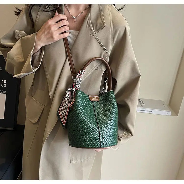 PU Leather Knitted Bucket Bag – Soft Casual Messenger Handbag for Women - Samanta Factory