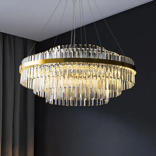 Modern LED crystal chandelier with polished stainless steel, dimmable remote control, for living room, dining room, and bedroom UK