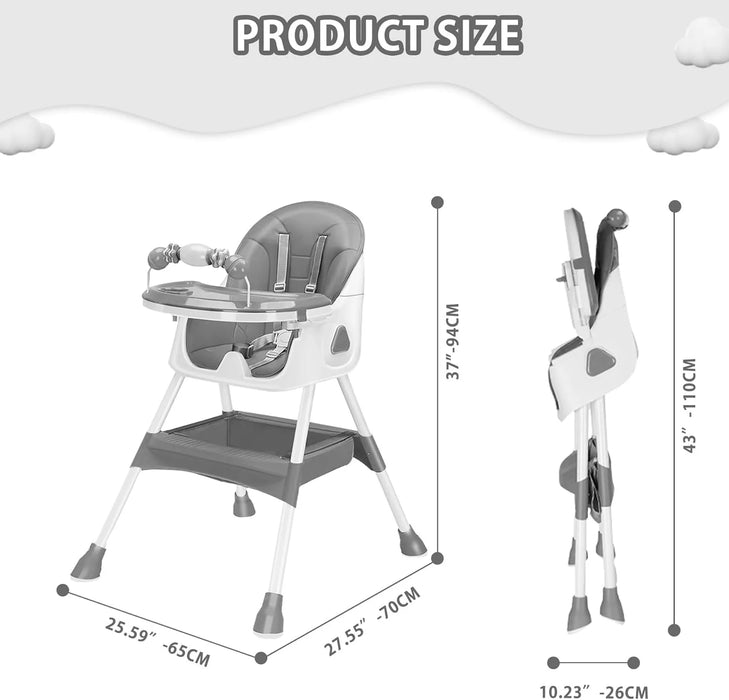 3-in-1 convertible baby high chair with removable tray, safety harness, and washable cushion shown in a modern kitchen setting

