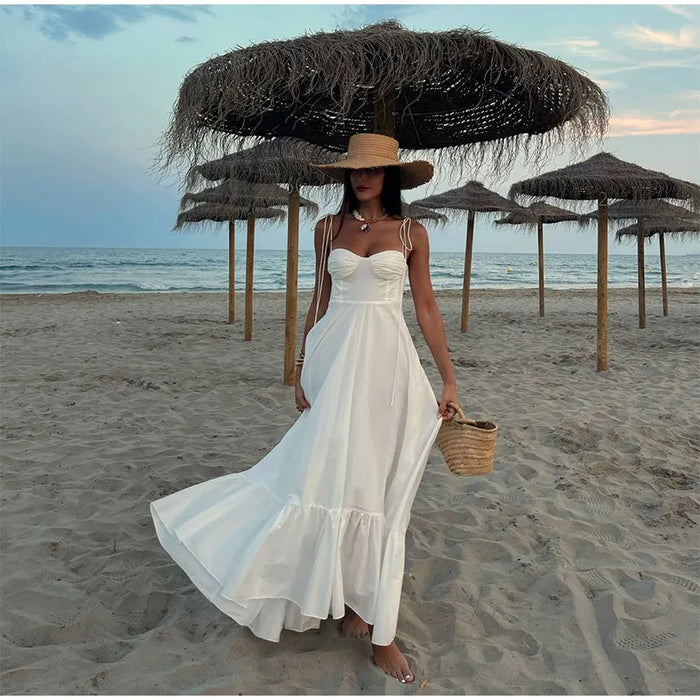 A-line Strap Long Dress – Square Neck & Backless Design