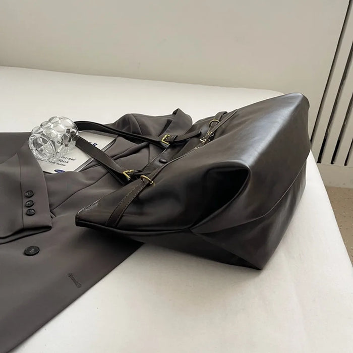 Vintage PU Leather Shoulder Tote – Soft Casual Bag with Lock Closure - Samanta Factory