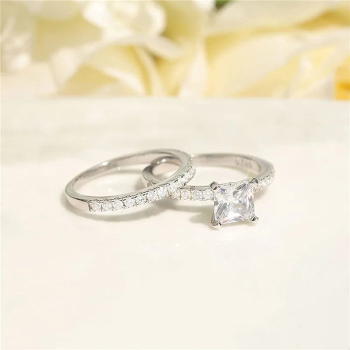 Square Cut Zircon Bridal Ring Set – 925 Sterling Silver Wedding Rings for Women