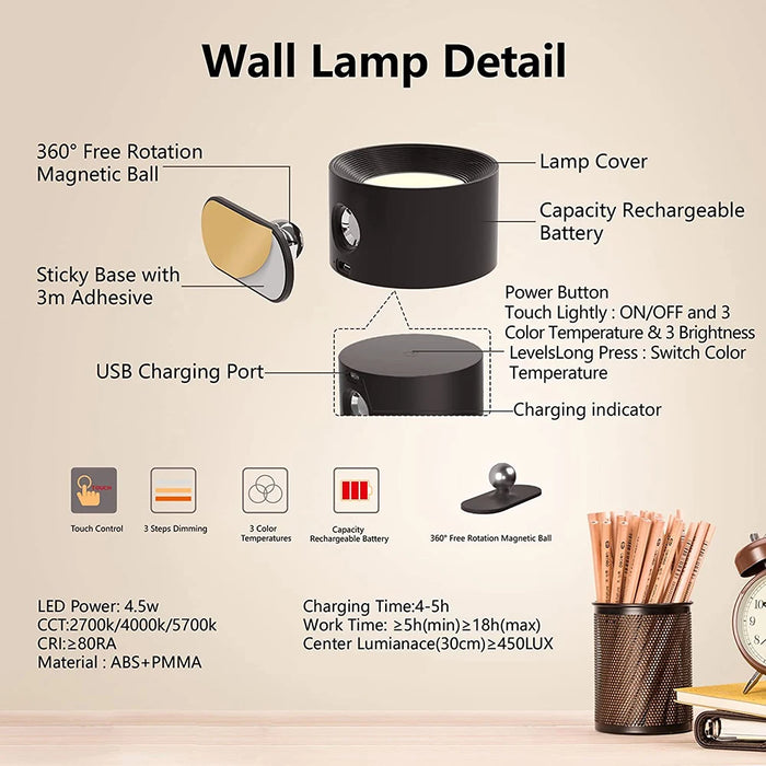 Rechargeable LED Wall Light – Touch Control with 3 Colour Modes & Adjustable 360° Rotation