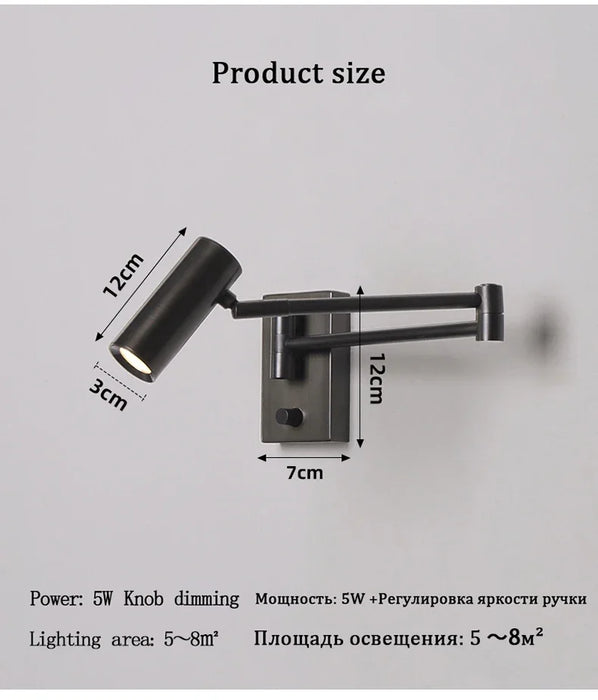 Modern Wall Lamp with Dimmable Switch – Rocker Arm Retractable LED Reading Light - Samanta Factory