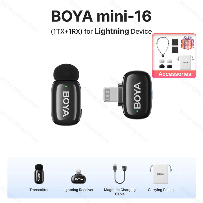 BOYA Mini Wireless Microphone – 2.4GHz Lavalier Mic with Charging Case for iPhone & Android