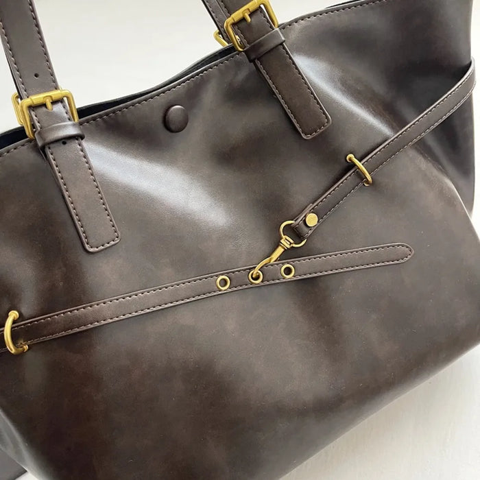 Vintage PU Leather Shoulder Tote – Soft Casual Bag with Lock Closure - Samanta Factory