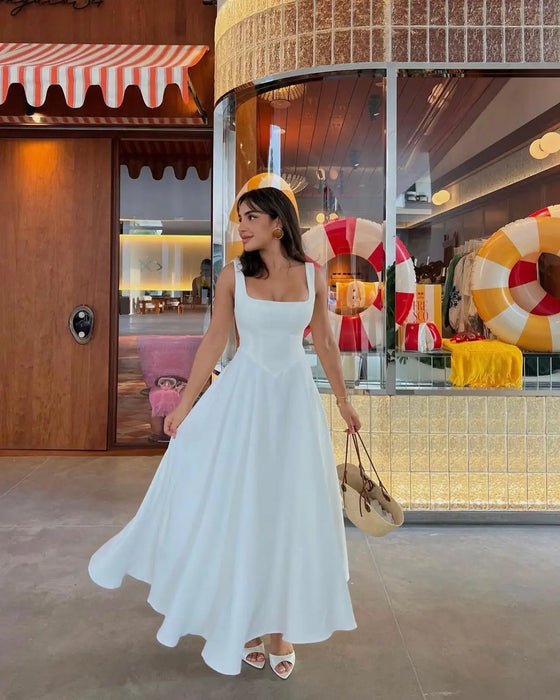 A-line Strap Long Dress – Square Neck & Backless Design