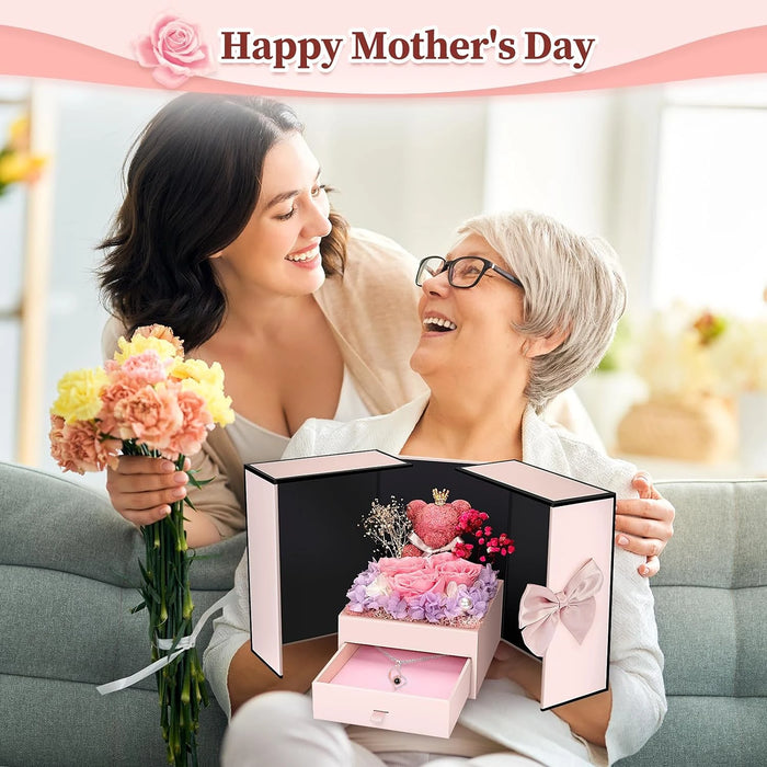 Eternal Preserved Rose Gifts – Moss Bear & Jewelry Box with “I Love You 100 Languages” Necklace - Samanta Factory