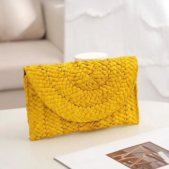 Boho Straw Flap Bag for Women – Hard Shell Summer Handbag with Cover Closure