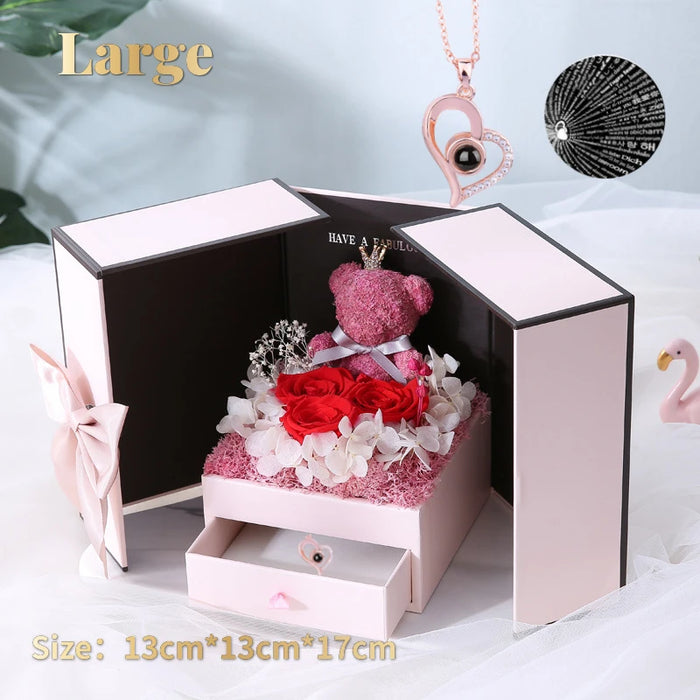 Eternal Preserved Rose Gifts – Moss Bear & Jewelry Box with “I Love You 100 Languages” Necklace - Samanta Factory