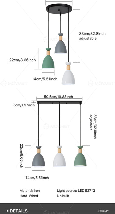 Modern Pendant Light – Triple Head Design with E27 Base for Stylish Interiors
