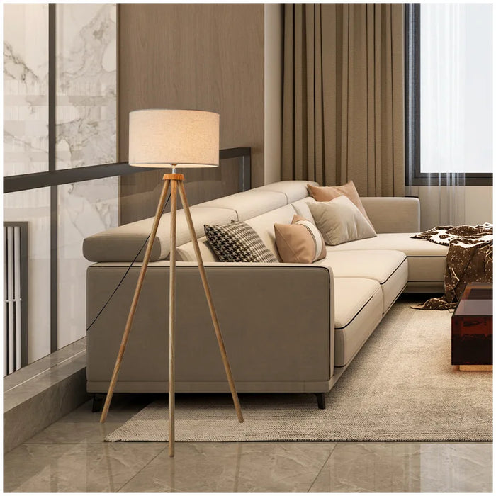 Wooden Tripod Floor Lamp – Mid-Century Modern Design with Foot Switch Control