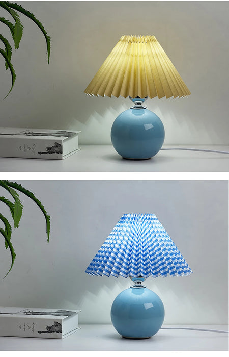 Korean Table Lamp – Vintage Pleated Fabric Shade with Ceramic Base