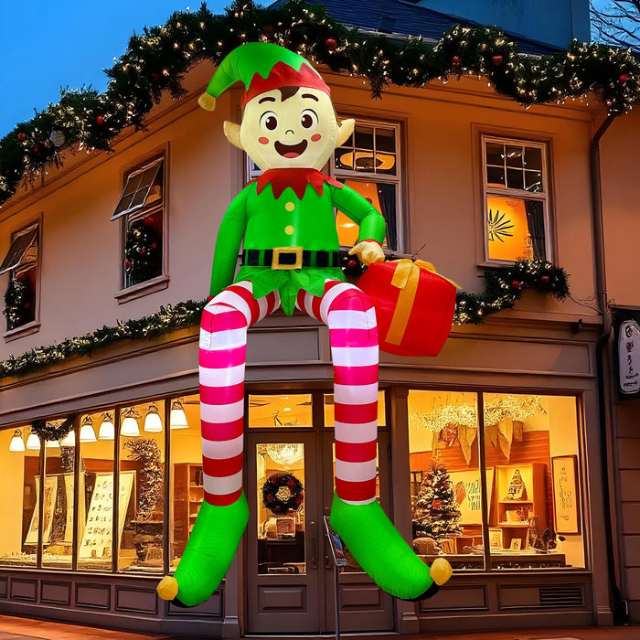 8FT inflatable Christmas elf with built-in LED lights sitting outdoors on lawn