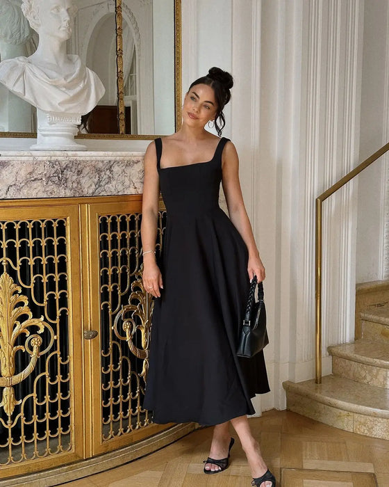 A-line Strap Long Dress – Square Neck & Backless Design