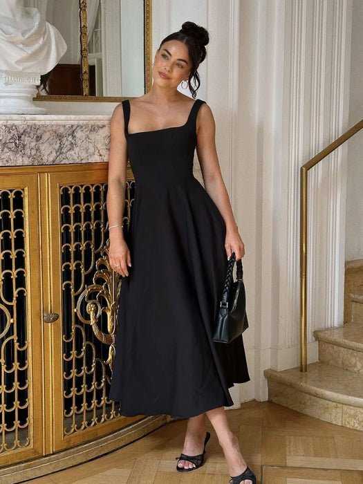 A-line Strap Long Dress – Square Neck & Backless Design