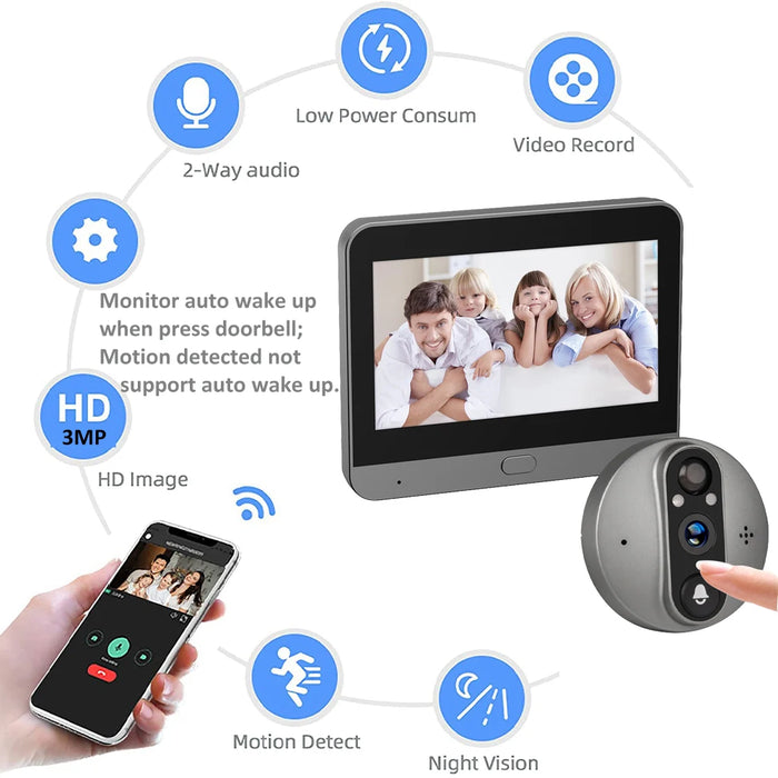 Smart WiFi Door Viewer Camera – 3MP HD, 4.3" LCD, PIR Motion, 2-Way Audio, Night Vision, Tuya & Alexa. - Samanta Factory