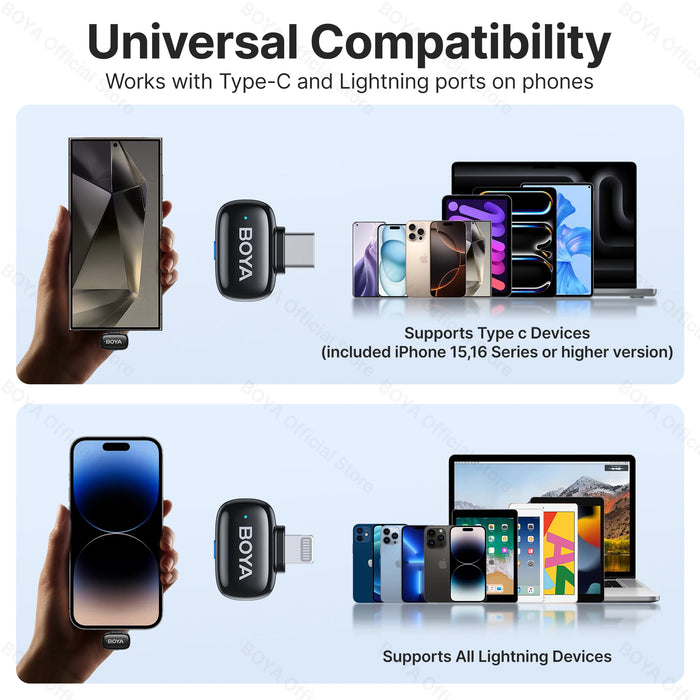 BOYA Mini Wireless Microphone – 2.4GHz Lavalier Mic with Charging Case for iPhone & Android