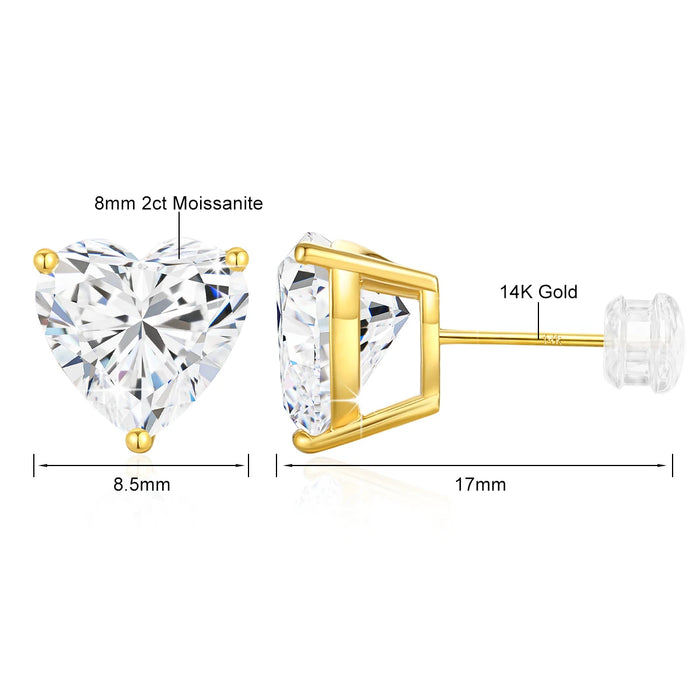 14K Gold Heart-Shaped Moissanite Stud Earrings – 1CT–3CT VVS1 AU585 Certified