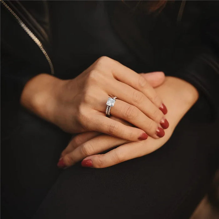 Square Cut Zircon Bridal Ring Set – 925 Sterling Silver Wedding Rings for Women