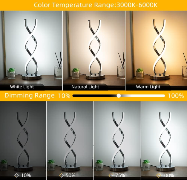 13W Chrome Swirl LED Table Lamp | Modern Dimmable Light with 3 Brightness Levels– Energy Efficient - Samanta Factory