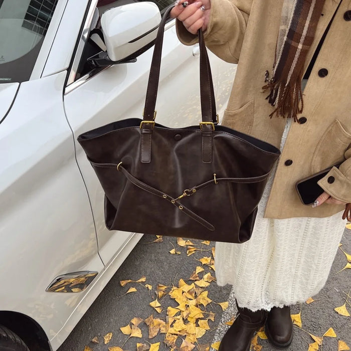 Vintage PU Leather Shoulder Tote – Soft Casual Bag with Lock Closure - Samanta Factory