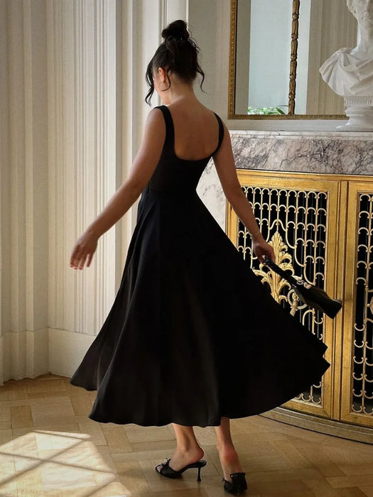 A-line Strap Long Dress – Square Neck & Backless Design