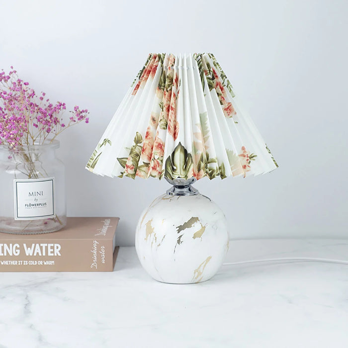 Korean Table Lamp – Vintage Pleated Fabric Shade with Ceramic Base