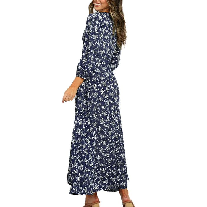 Women’s V-Neck Floral Maxi Dress – High-Waist Slit for Effortless Boho Chic - Samanta Factory