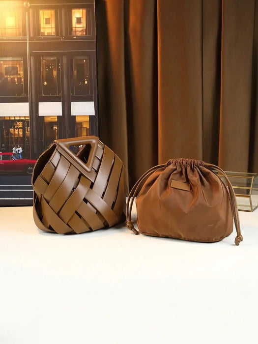 Woven Design Women Handbag, Tote Basket Bag, High-End Niche Inverted Triangle Shaped Fashion Commuter Bag, Casual Style SF