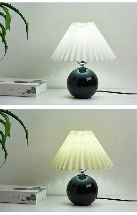 Korean Table Lamp – Vintage Pleated Fabric Shade with Ceramic Base