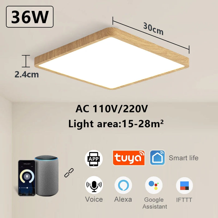 Smart LED Ceiling Light – Wood Grain Design with App & Remote Control