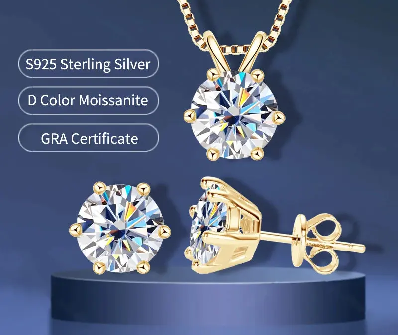 D Color VVS1 Moissanite round-cut necklace and earrings set in 925 sterling silver
