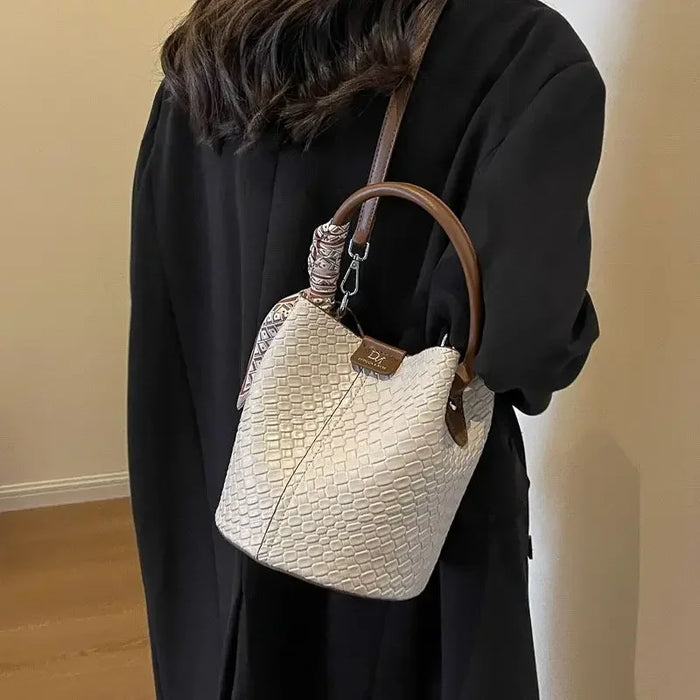 PU Leather Knitted Bucket Bag – Soft Casual Messenger Handbag for Women - Samanta Factory