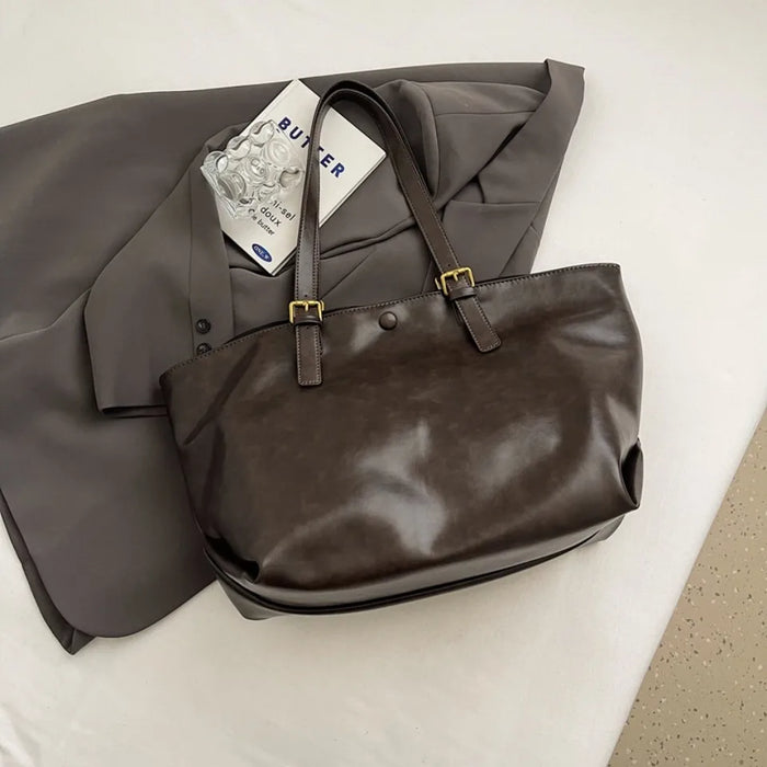 Vintage PU Leather Shoulder Tote – Soft Casual Bag with Lock Closure - Samanta Factory